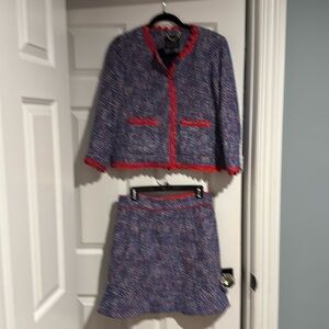 Jcrew blue tweed with red/orange piping wavy trim jacket
